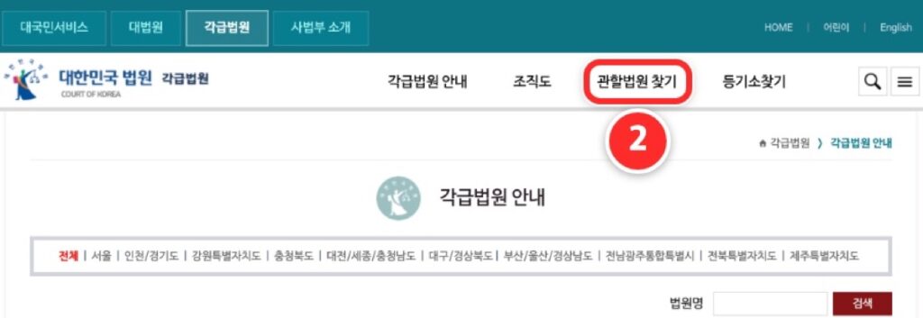 각급법원 화면 위쪽 메뉴에서 관할법원 찾기를 누르는 화면