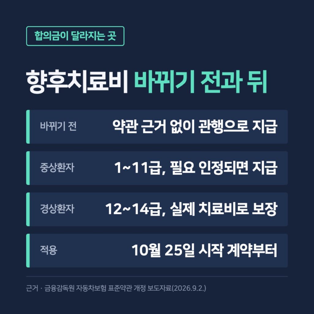 향후치료비 바뀌기 전과 뒤 — 바뀌기 전 약관 근거 없이 관행으로 지급, 중상환자 1~11급은 필요가 인정되면 지급, 경상환자 12~14급은 실제 치료비로 보장, 10월 25일 시작 계약부터 적용