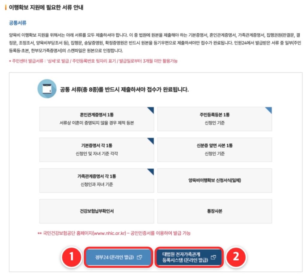 ① '정부24(온라인 발급)' ② '대법원 전자가족관계 등록시스템(온라인 발급)'