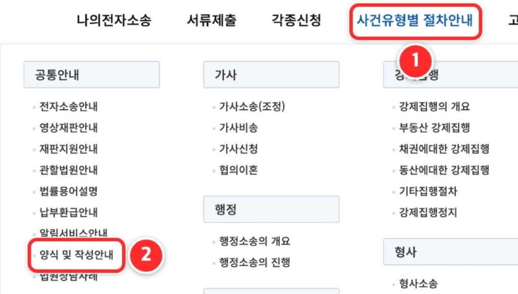 전자소송포털 사건유형별 절차안내 메뉴에서 양식 및 작성안내를 고르는 화면