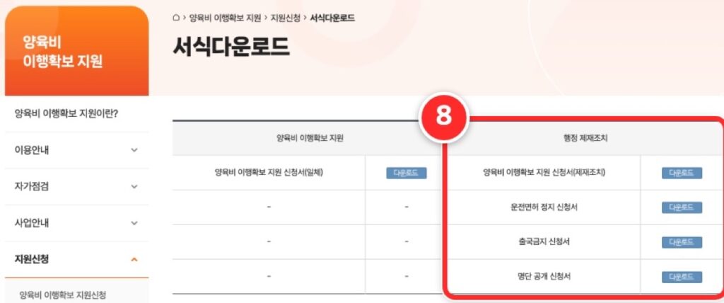⑧ '지원신청 > 서식다운로드'에도 같은 신청서 4가지