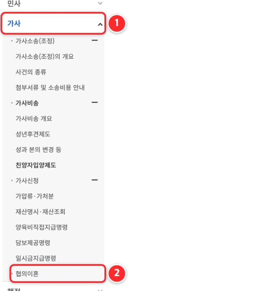 전자소송포털 왼쪽 메뉴에서 가사와 협의이혼을 누르는 화면