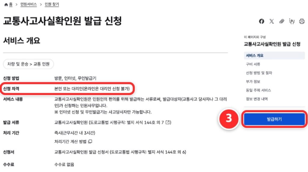 교통사고사실확인원 발급 신청 안내 화면에서 신청 자격과 발급하기 버튼 위치