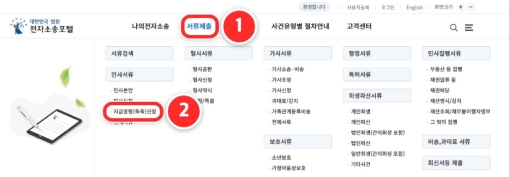전자소송포털 위쪽 서류제출 메뉴에서 지급명령(독촉)신청을 고르는 화면
