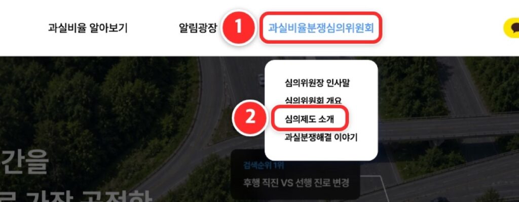 과실비율 정보포털 위쪽 메뉴에서 심의제도 소개를 고르는 화면