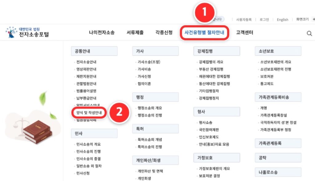 전자소송포털 첫 화면 메뉴에서 양식 및 작성안내 위치