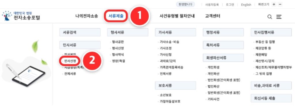전자소송포털 첫 화면에서 서류제출 메뉴를 열고 민사서류 아래 민사신청을 누르는 화면