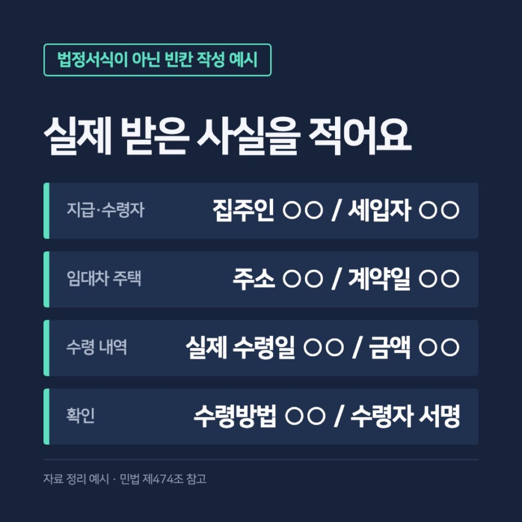 보증금 반환 영수증 빈칸 작성 예시
