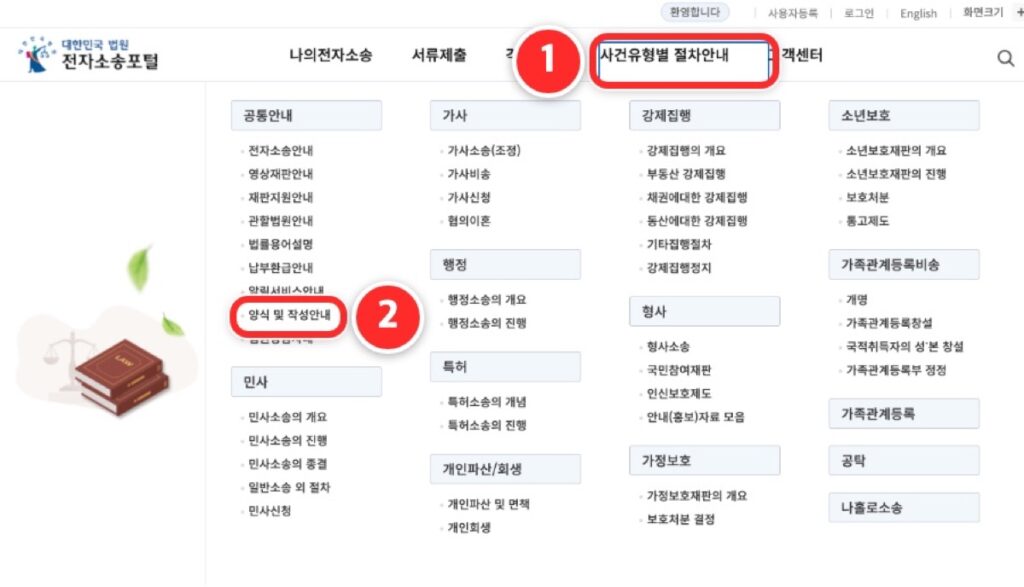 ① 위 메뉴 '사건유형별 절차안내'에 마우스를 올리고 ② '공통안내' 아래 '양식 및 작성안내'를 누릅니다