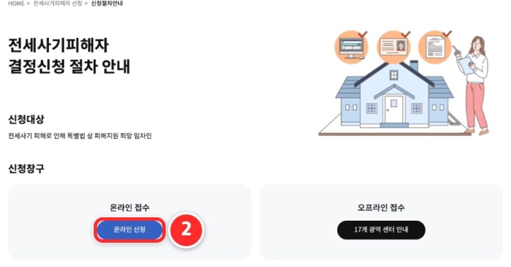 신청절차안내 화면 신청창구의 온라인 신청 단추