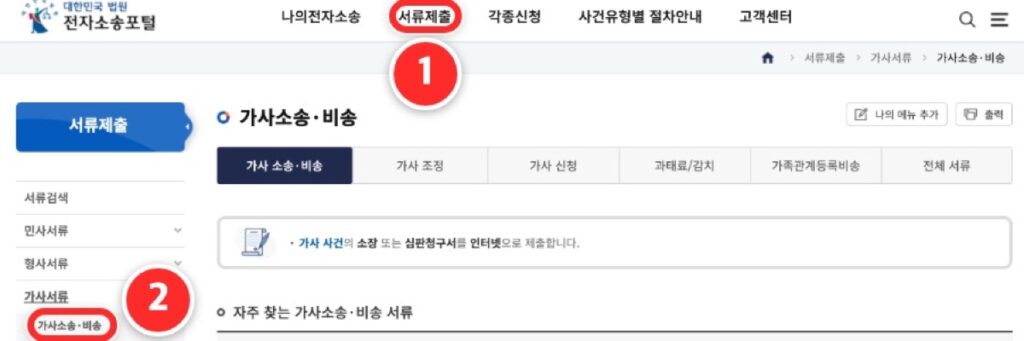 ① 위쪽 '서류제출' ② 왼쪽 '가사서류' 아래 '가사소송·비송'