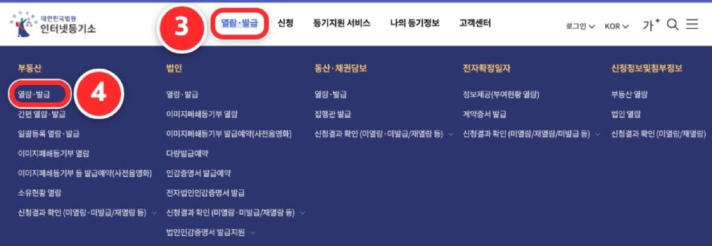 ③ 위 메뉴 '열람·발급'에 마우스를 올리고 ④ 부동산 아래 '열람·발급'을 누릅니다