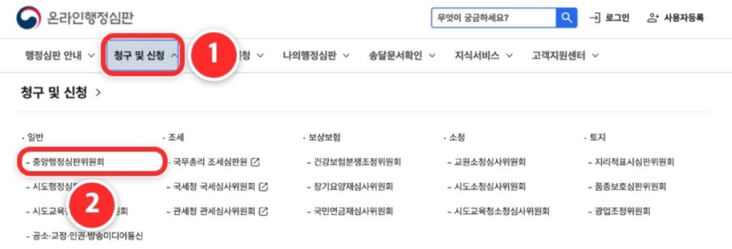 ① 청구 및 신청 ② 중앙행정심판위원회
